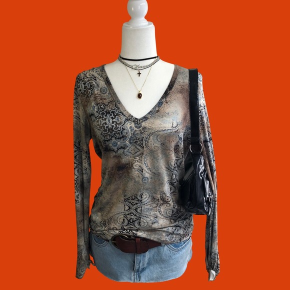 Karen Kane Tops - Vintage Y2K Tan Paisley V-Neck Long Sleeve Grunge Top Womens Large Fairy Boho